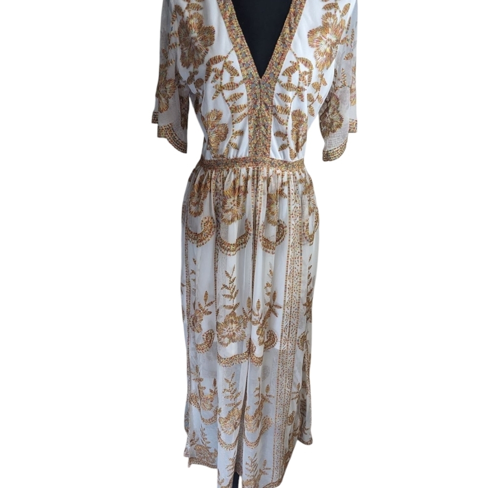 Altar'd State Embroidered Cream Flutter Sleeve Floral Sundress Size M